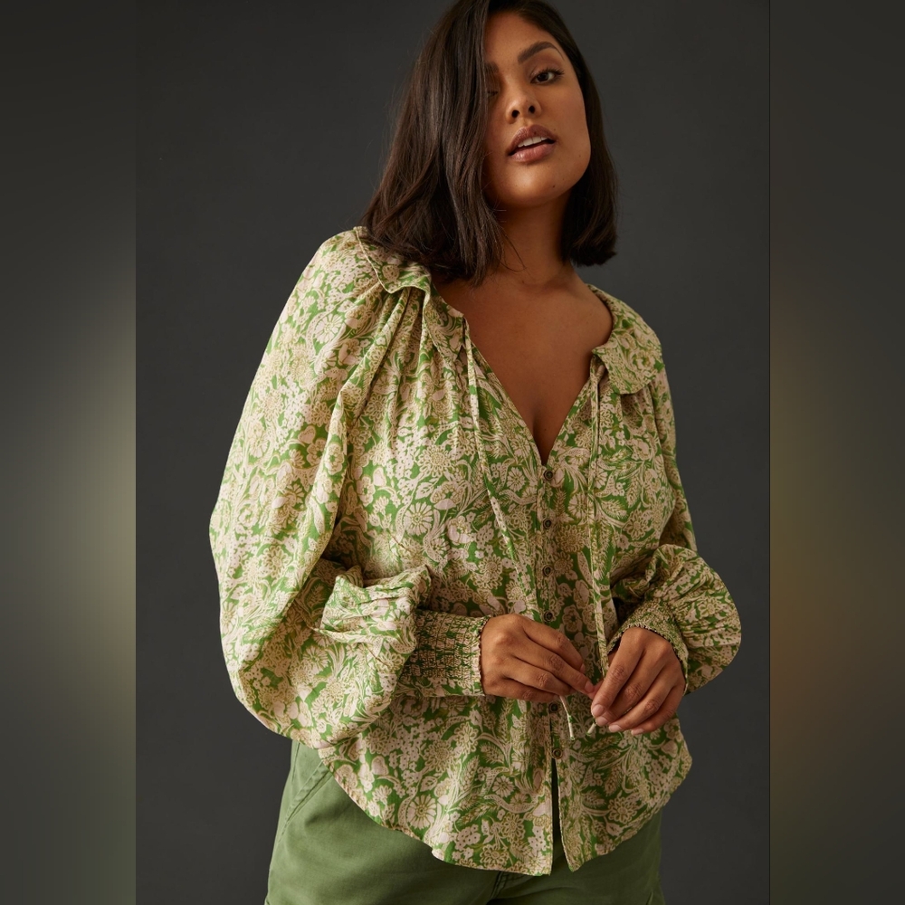 Anthropologie Green Floral Blouse